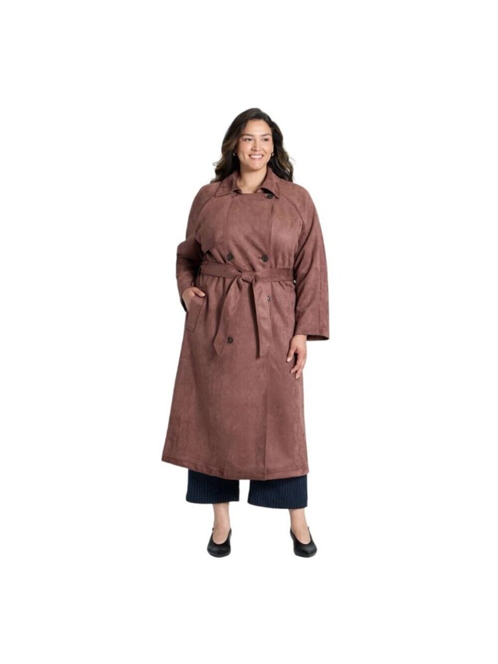 NWT A New Day Suede Notched Collar Button Front Waist Tie Trench Coat Brown 1X